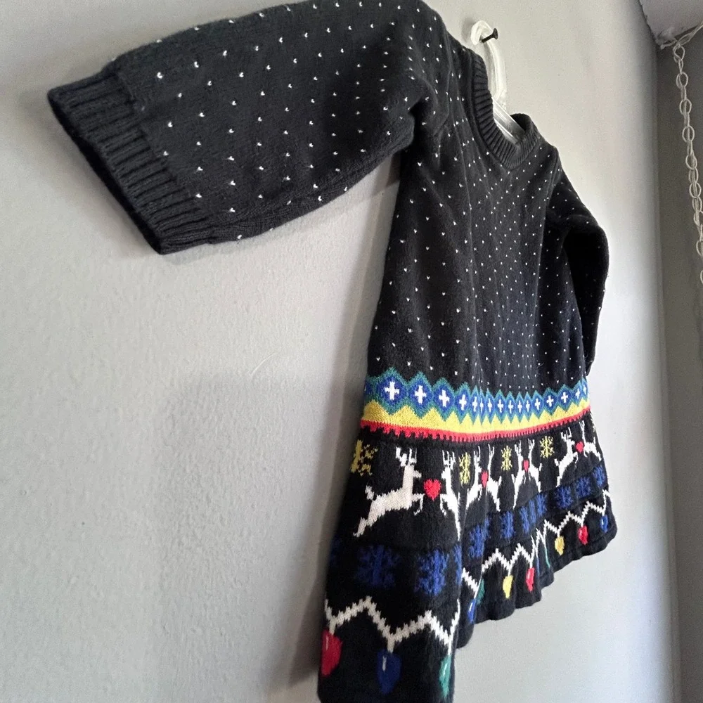 Hanna Andersson Kids Black Christmas Reindeer Sweater Dress 100% Cotton 12-18M